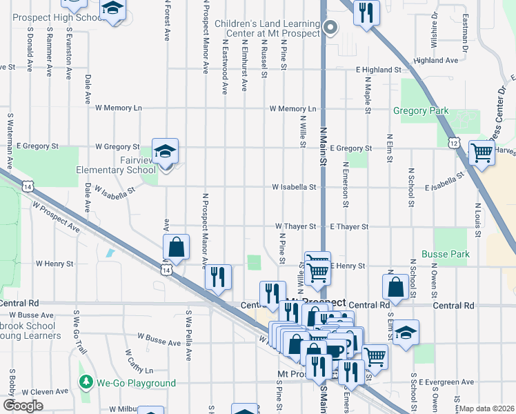 map of restaurants, bars, coffee shops, grocery stores, and more near 207 North Russel Street in Mount Prospect