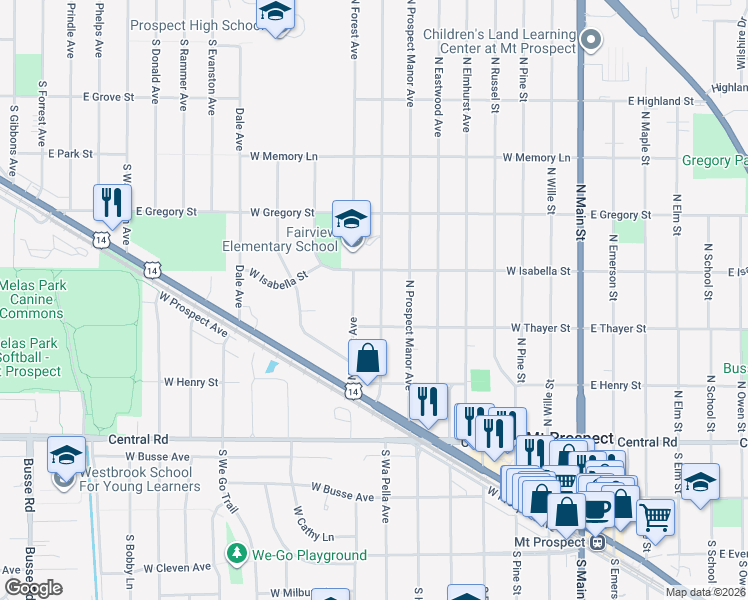 map of restaurants, bars, coffee shops, grocery stores, and more near 207 North Fairview Avenue in Mount Prospect