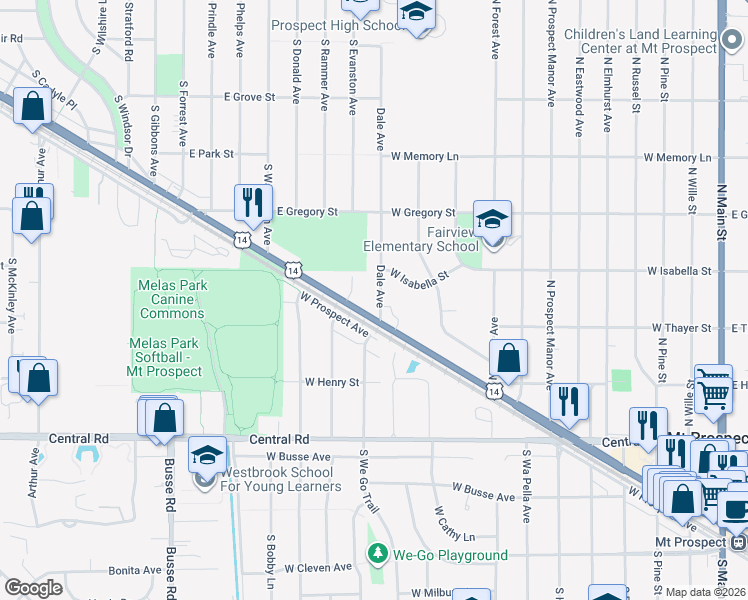 map of restaurants, bars, coffee shops, grocery stores, and more near 706 French Way in Mount Prospect