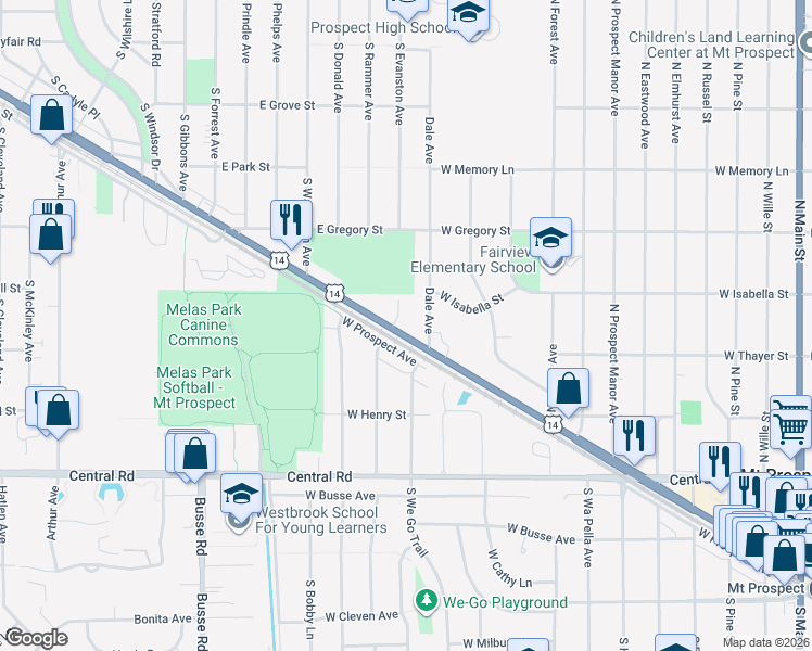 map of restaurants, bars, coffee shops, grocery stores, and more near 1150 West Northwest Highway in Mount Prospect