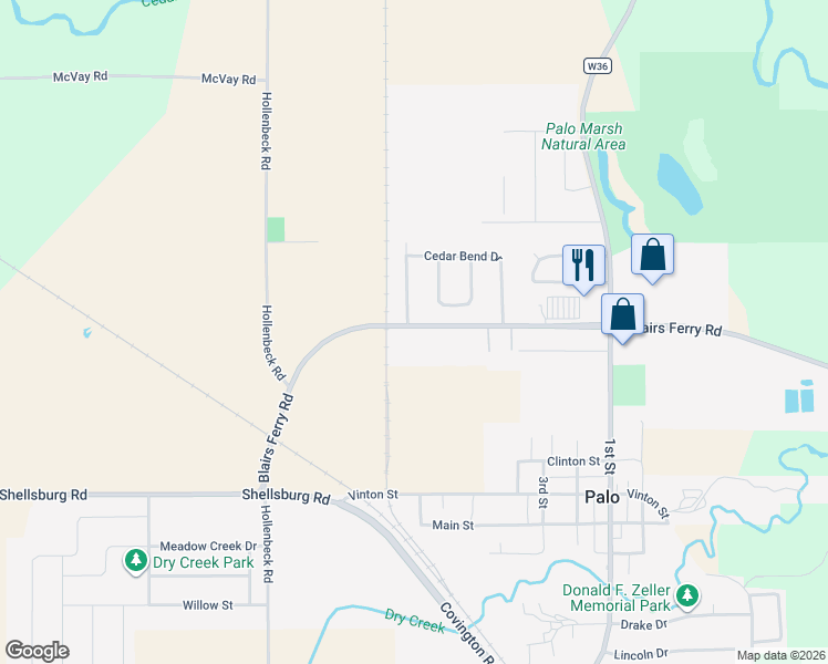 map of restaurants, bars, coffee shops, grocery stores, and more near Blairs Ferry Road Northeast in Palo