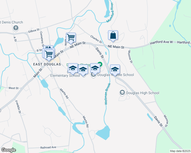 map of restaurants, bars, coffee shops, grocery stores, and more near 21 Davis Street in Douglas