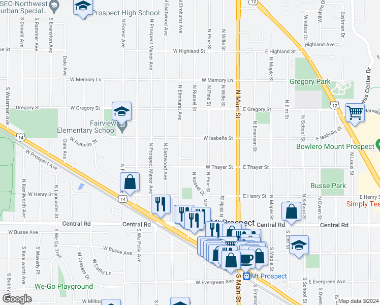 map of restaurants, bars, coffee shops, grocery stores, and more near 210 North Russel Street in Mount Prospect