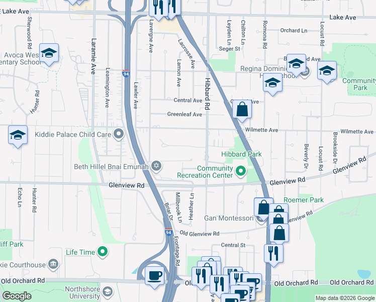 map of restaurants, bars, coffee shops, grocery stores, and more near 3120 Temple Lane in Wilmette