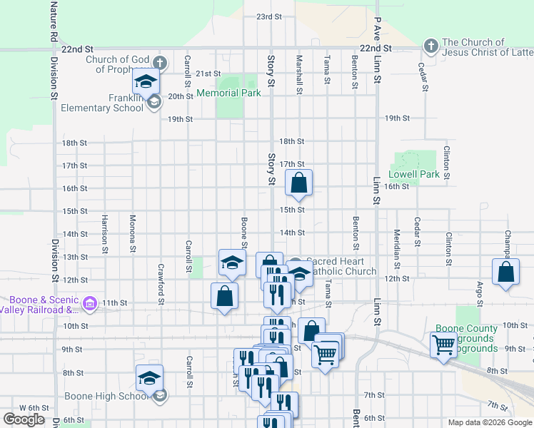 map of restaurants, bars, coffee shops, grocery stores, and more near 1415 Story Street in Boone