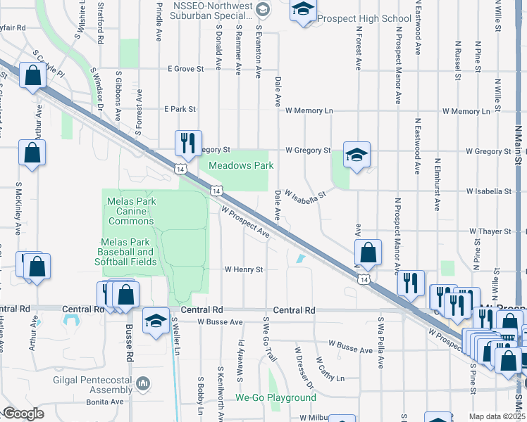 map of restaurants, bars, coffee shops, grocery stores, and more near 1150 West Northwest Highway in Mount Prospect