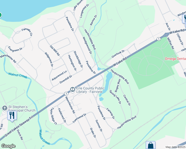 map of restaurants, bars, coffee shops, grocery stores, and more near 1002 Pasadena Drive in Erie