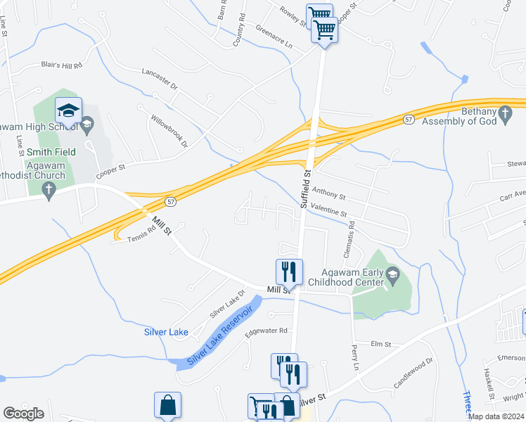 map of restaurants, bars, coffee shops, grocery stores, and more near 20f Mansion Woods Drive in Agawam