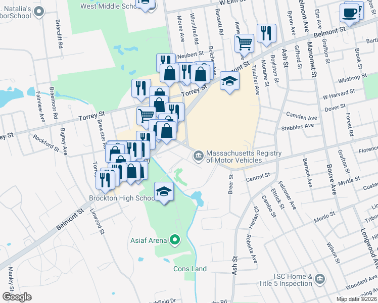map of restaurants, bars, coffee shops, grocery stores, and more near 526 Forest Avenue in Brockton
