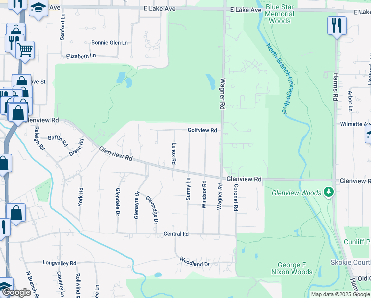 map of restaurants, bars, coffee shops, grocery stores, and more near 830 Surrey Lane in Glenview