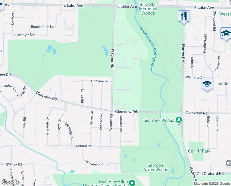 map of restaurants, bars, coffee shops, grocery stores, and more near 829 Greenacres Lane in Glenview