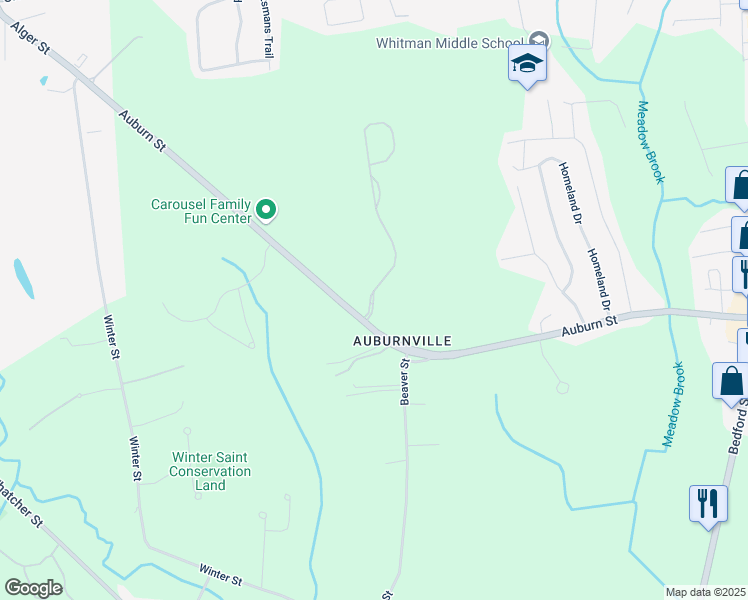 map of restaurants, bars, coffee shops, grocery stores, and more near 940 Auburn Street in Whitman