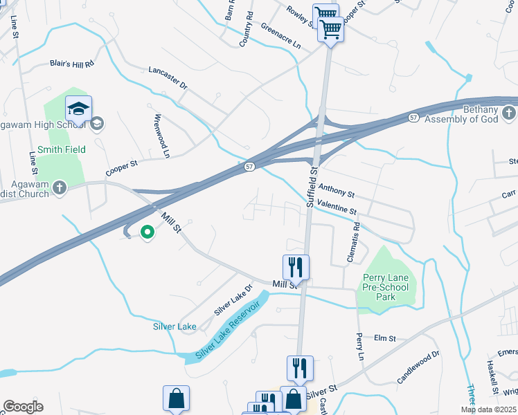 map of restaurants, bars, coffee shops, grocery stores, and more near 18 Mansion Woods Drive in Agawam
