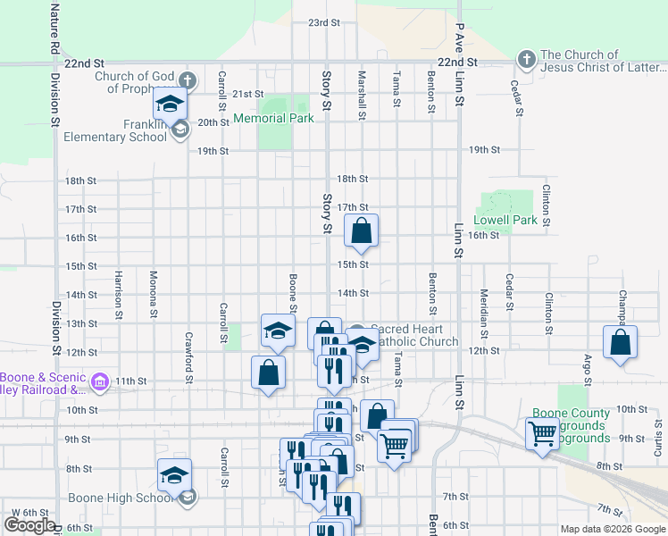 map of restaurants, bars, coffee shops, grocery stores, and more near 1415 Story Street in Boone