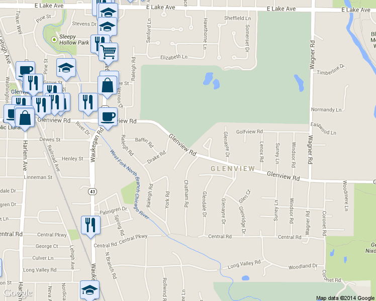 map of restaurants, bars, coffee shops, grocery stores, and more near 975 Thornwood Lane in Glenview