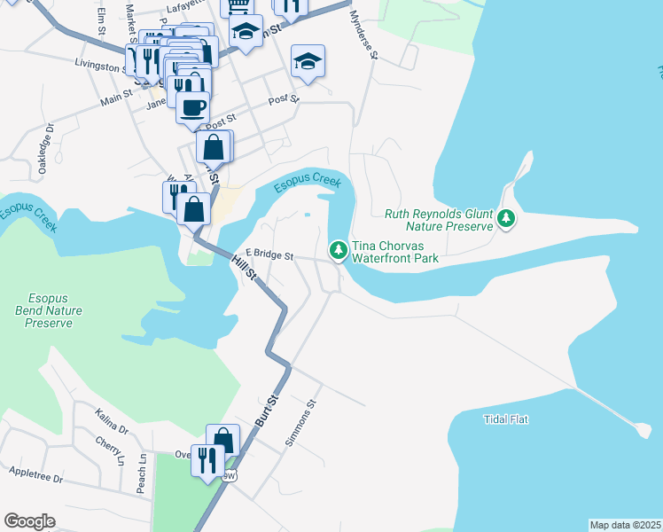 map of restaurants, bars, coffee shops, grocery stores, and more near 16 Mill Street in Saugerties