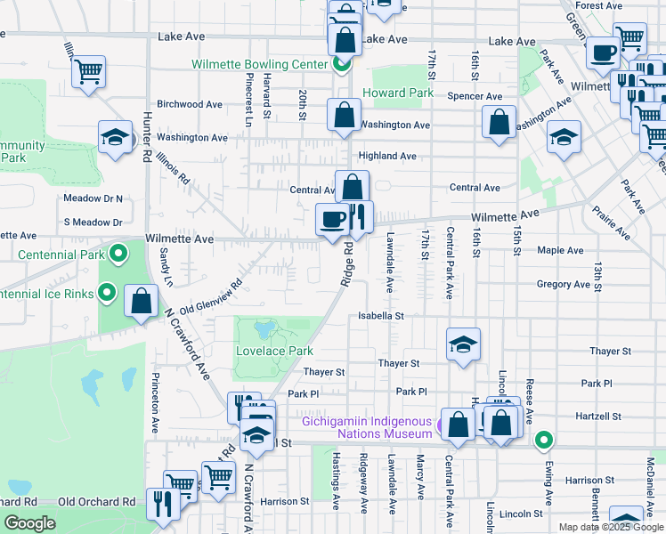 map of restaurants, bars, coffee shops, grocery stores, and more near 305 Ridge Road in Wilmette