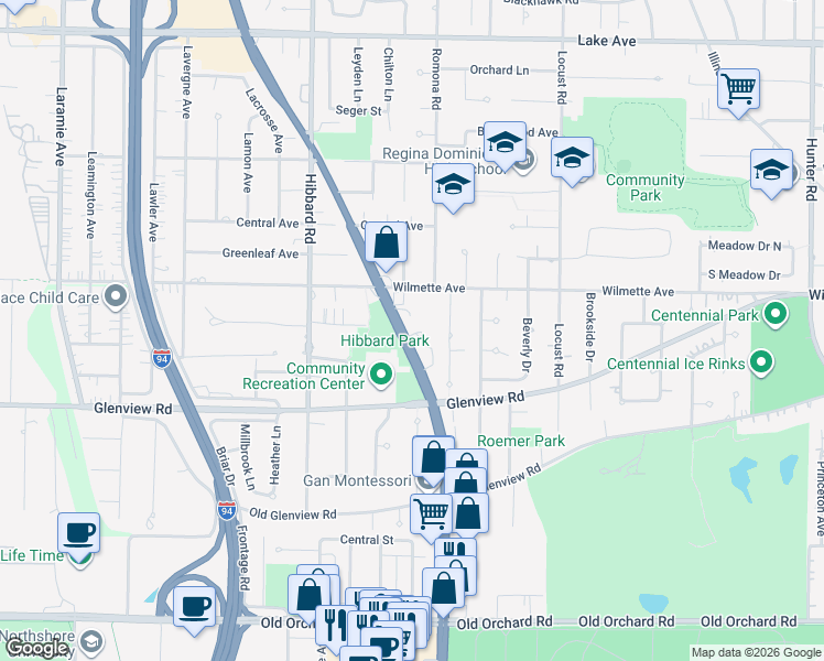 map of restaurants, bars, coffee shops, grocery stores, and more near in Wilmette