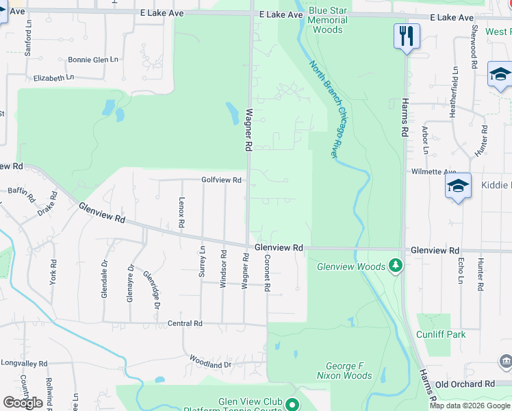 map of restaurants, bars, coffee shops, grocery stores, and more near 829 Greenacres Lane in Glenview