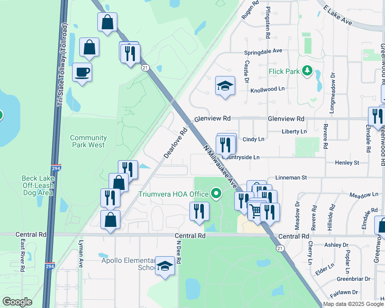map of restaurants, bars, coffee shops, grocery stores, and more near 10410 Michael Todd Terrace in Glenview