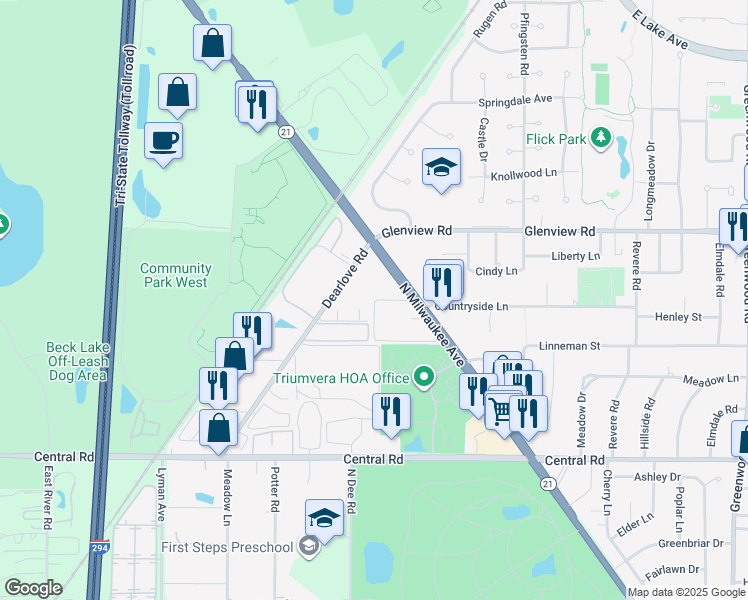 map of restaurants, bars, coffee shops, grocery stores, and more near 10410 Michael Todd Terrace in Glenview