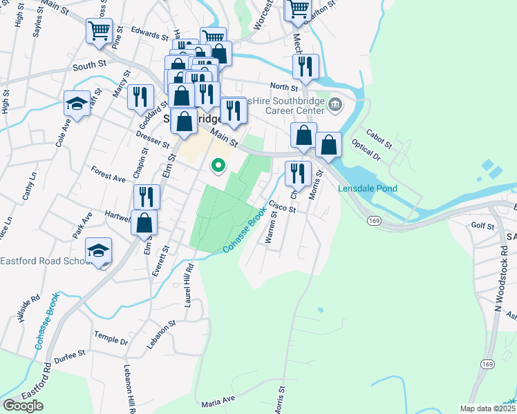 map of restaurants, bars, coffee shops, grocery stores, and more near 89 Coombs Street in Southbridge