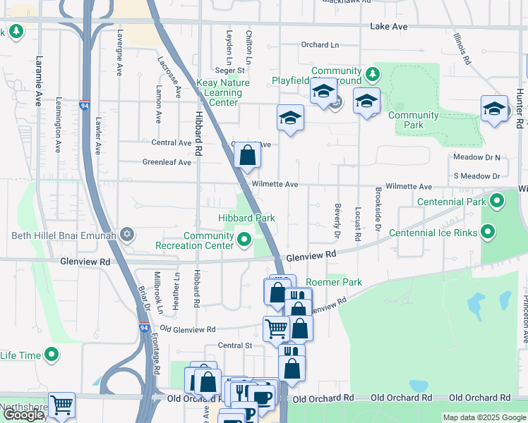 map of restaurants, bars, coffee shops, grocery stores, and more near in Wilmette