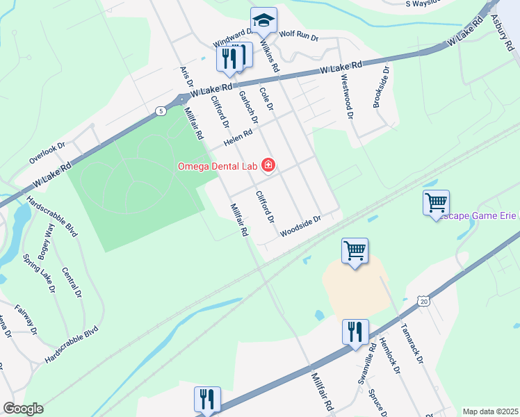 map of restaurants, bars, coffee shops, grocery stores, and more near 1838 Clifford Drive in Erie