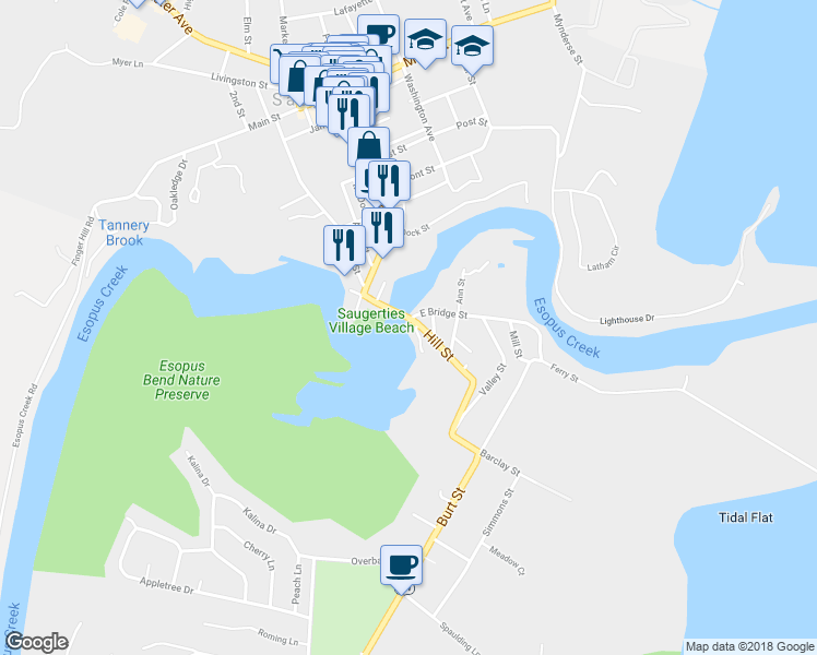 map of restaurants, bars, coffee shops, grocery stores, and more near 30 Hill Street in Saugerties