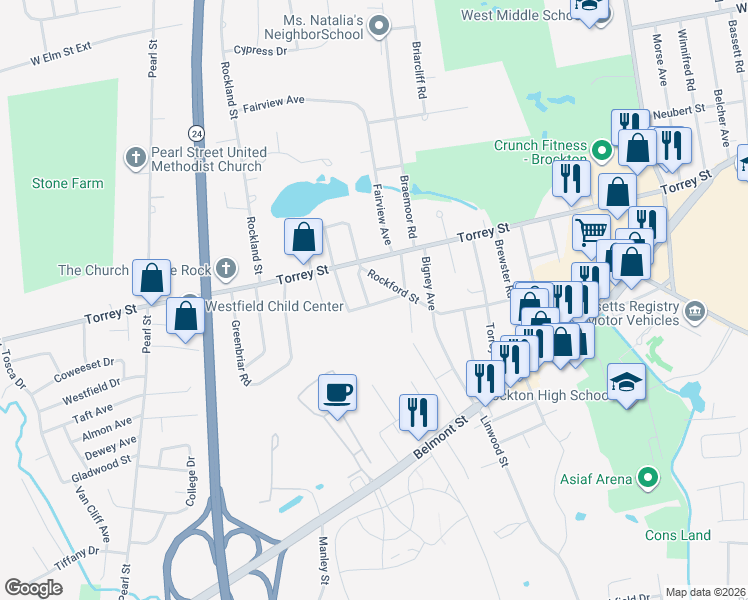 map of restaurants, bars, coffee shops, grocery stores, and more near 26 Dawes Road in Brockton