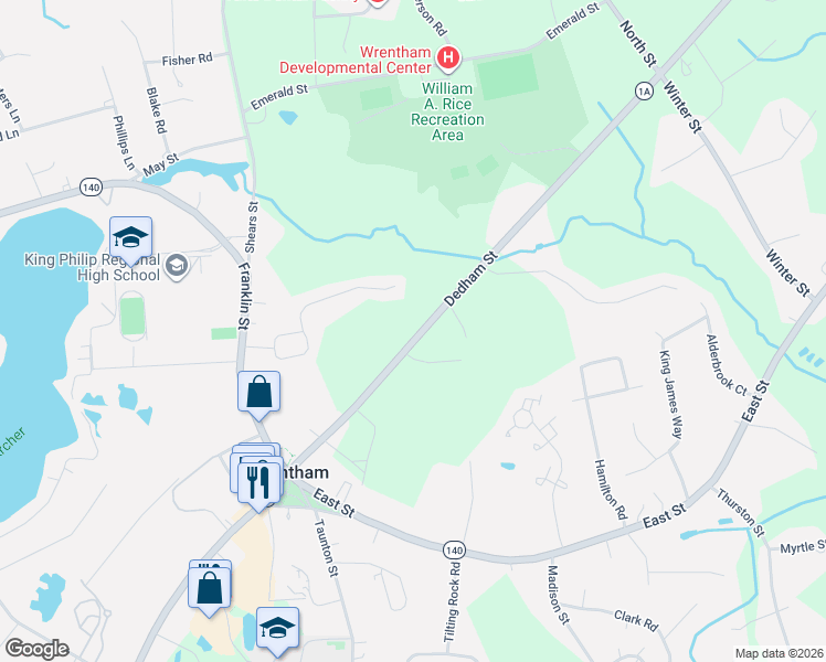 map of restaurants, bars, coffee shops, grocery stores, and more near 151 Dedham Street in Wrentham
