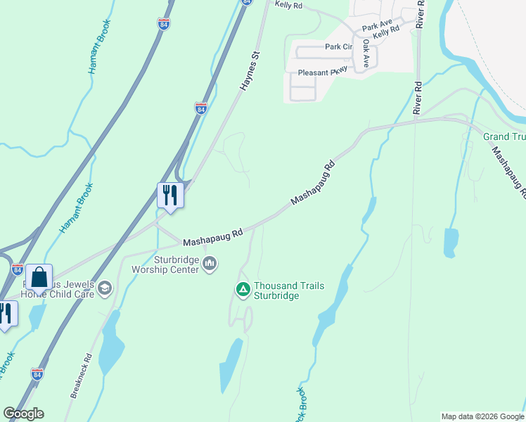 map of restaurants, bars, coffee shops, grocery stores, and more near 22 Mashapaug Road in Sturbridge