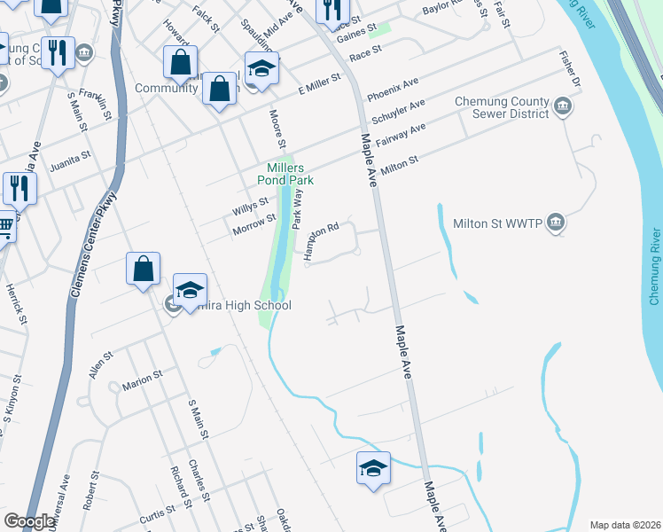 map of restaurants, bars, coffee shops, grocery stores, and more near 43 Hampton Road in Elmira