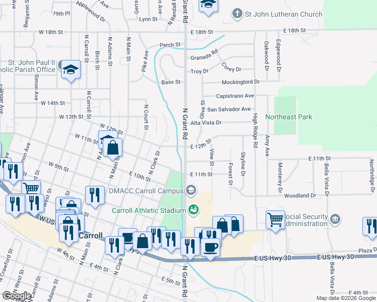 map of restaurants, bars, coffee shops, grocery stores, and more near 517 Parkview Drive in Carroll
