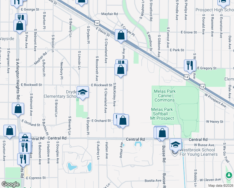 map of restaurants, bars, coffee shops, grocery stores, and more near 721 South McKinley Avenue in Arlington Heights