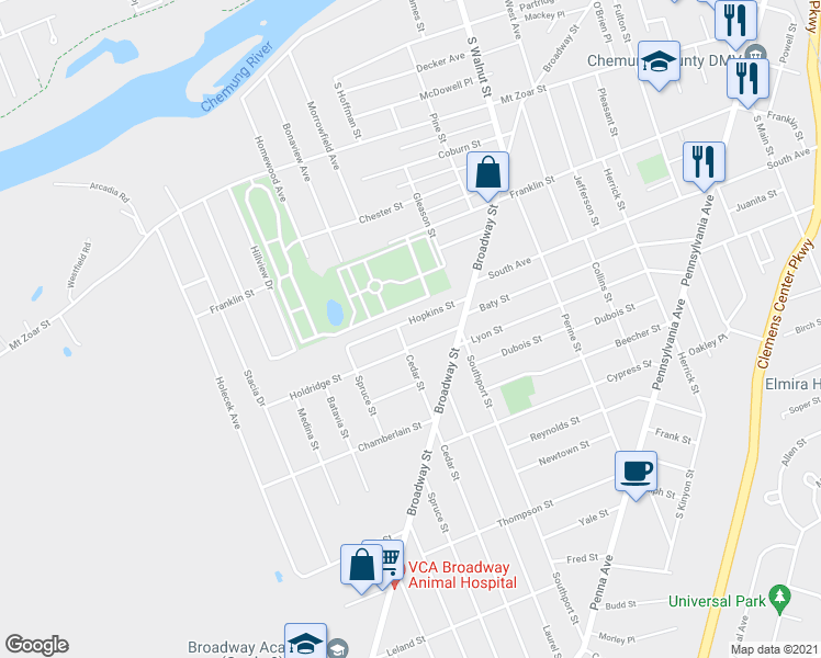 map of restaurants, bars, coffee shops, grocery stores, and more near 719 Hopkins Street in Elmira