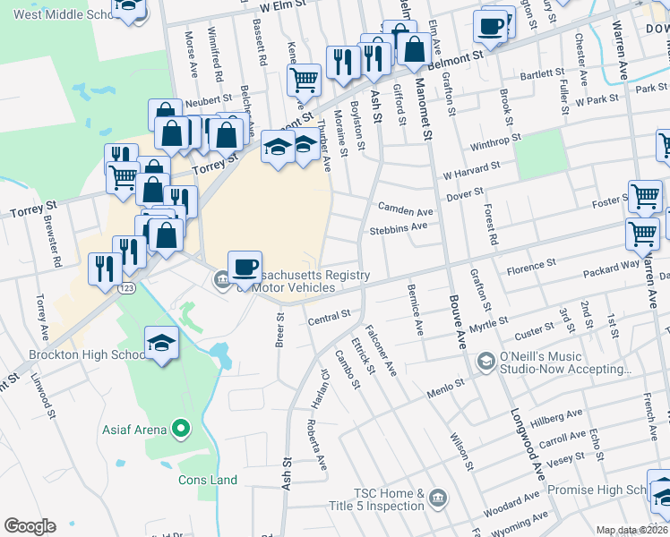 map of restaurants, bars, coffee shops, grocery stores, and more near 365 Forest Avenue in Brockton