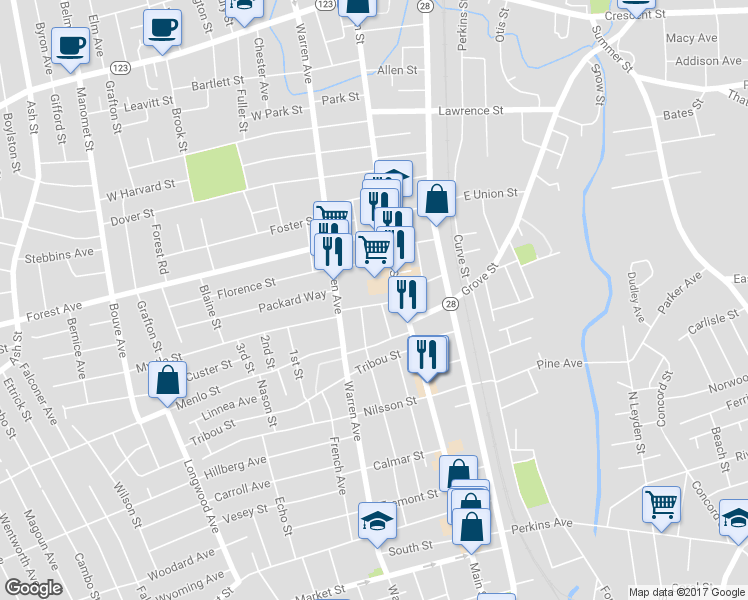 map of restaurants, bars, coffee shops, grocery stores, and more near 17 Sheppard Avenue in Brockton