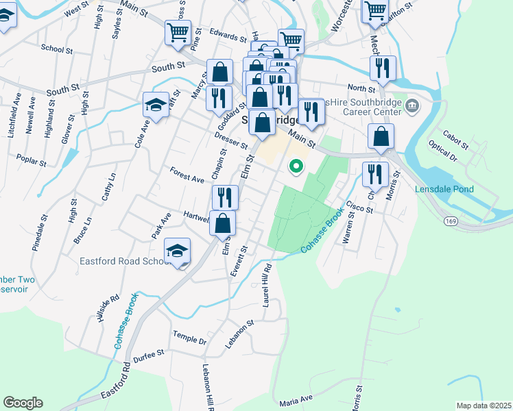 map of restaurants, bars, coffee shops, grocery stores, and more near 147 Everett Street in Southbridge