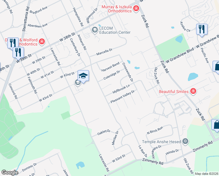 map of restaurants, bars, coffee shops, grocery stores, and more near 3046 Idyllbrook Ln in Erie