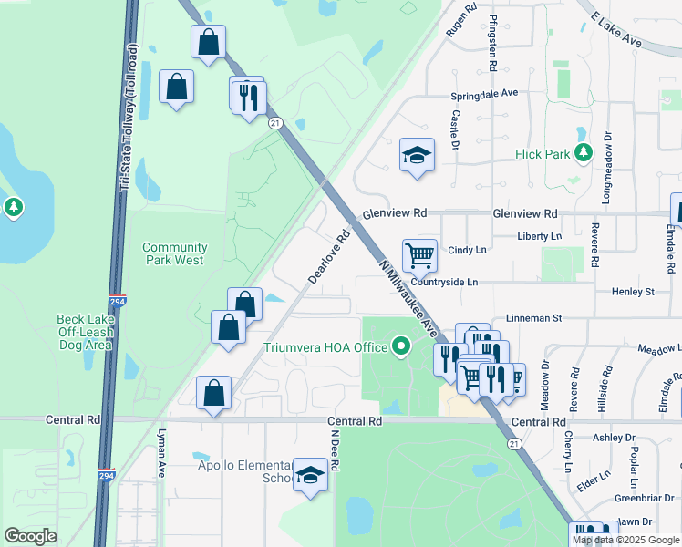 map of restaurants, bars, coffee shops, grocery stores, and more near 4175-4185 Dearlove Road in Glenview
