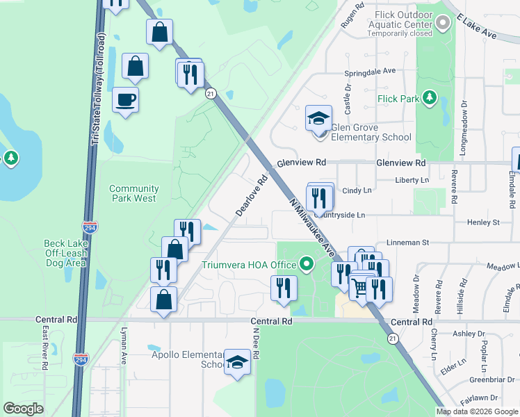 map of restaurants, bars, coffee shops, grocery stores, and more near 4175-4185 Dearlove Road in Glenview