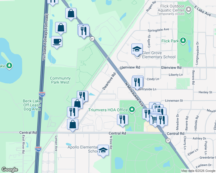 map of restaurants, bars, coffee shops, grocery stores, and more near 4175-4185 Dearlove Road in Glenview