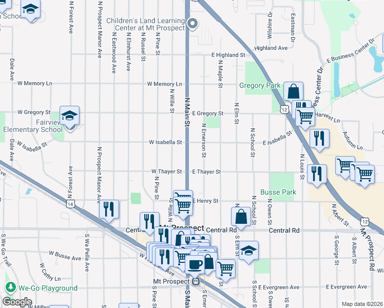 map of restaurants, bars, coffee shops, grocery stores, and more near 206 North Emerson Street in Mount Prospect