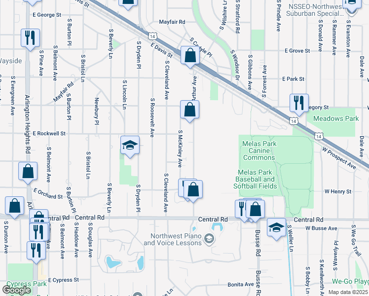 map of restaurants, bars, coffee shops, grocery stores, and more near 734 South McKinley Avenue in Arlington Heights
