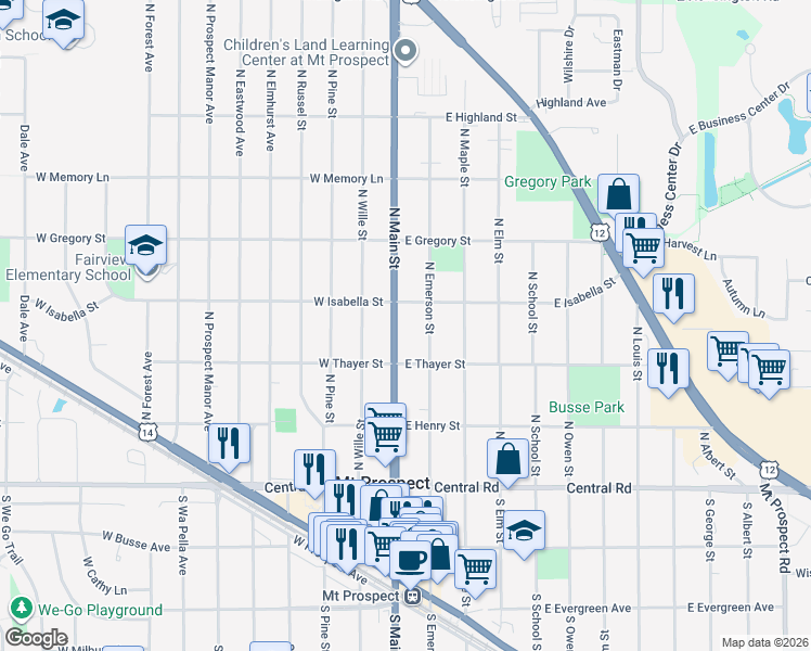 map of restaurants, bars, coffee shops, grocery stores, and more near 206 North Emerson Street in Mount Prospect