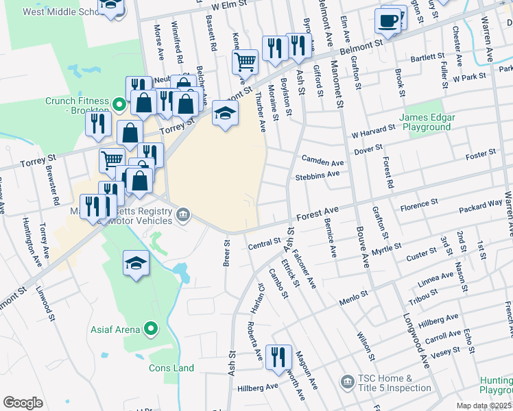 map of restaurants, bars, coffee shops, grocery stores, and more near 239 Thurber Avenue in Brockton