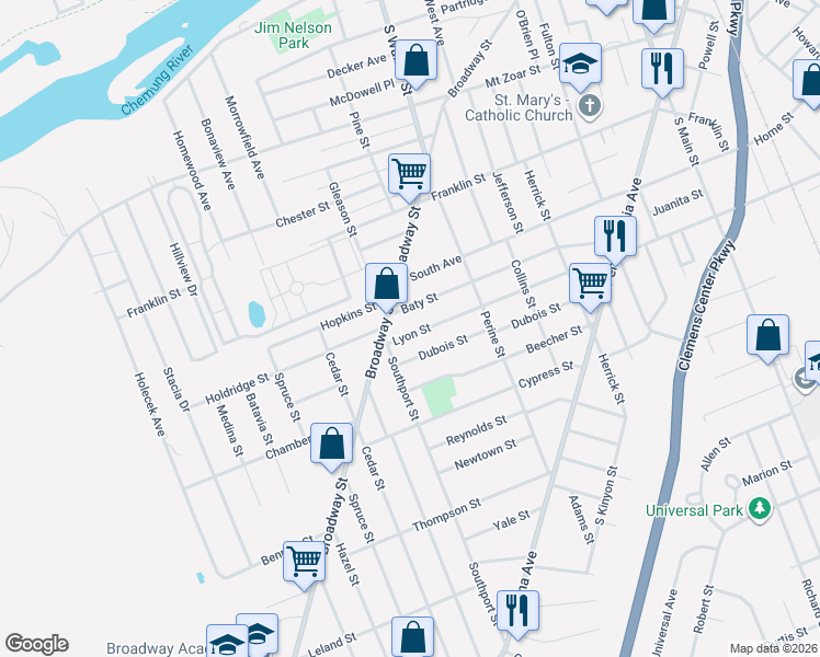 map of restaurants, bars, coffee shops, grocery stores, and more near 701 Southport Street in Elmira