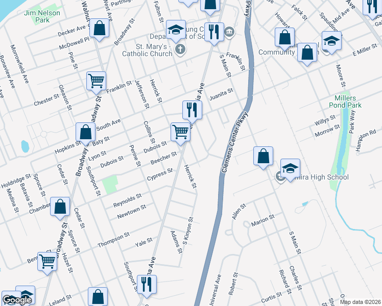 map of restaurants, bars, coffee shops, grocery stores, and more near Oakley Pl in Elmira