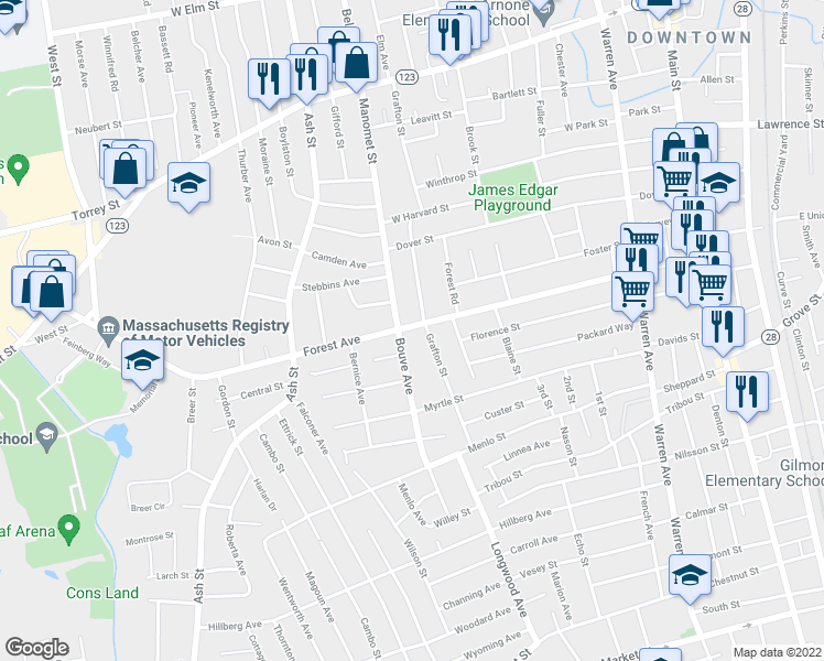 map of restaurants, bars, coffee shops, grocery stores, and more near 250 Forest Avenue in Brockton